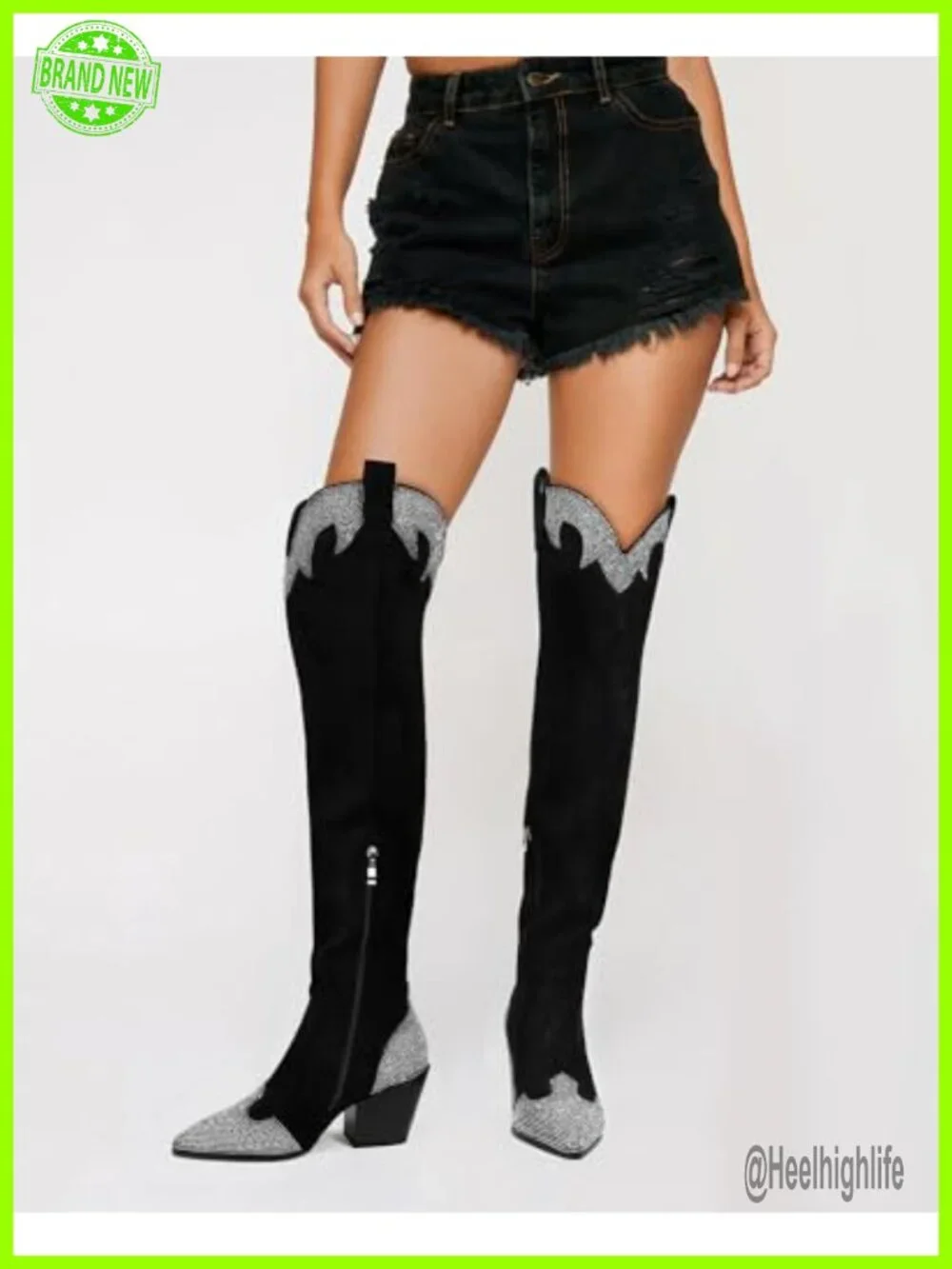 Faux Suede Cowgirl Boots - Rhinestone Thigh High Over The Knee Chunky Heel